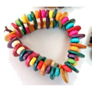 Colorful West African Style Coconut Shell Stretch Bracelet Multicolor Wood Bead